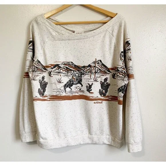 Ariat Old West Sweatshirt Egret Crossover Neck Long Sleeve Sz XL Southwestern - Picture 2 of 13